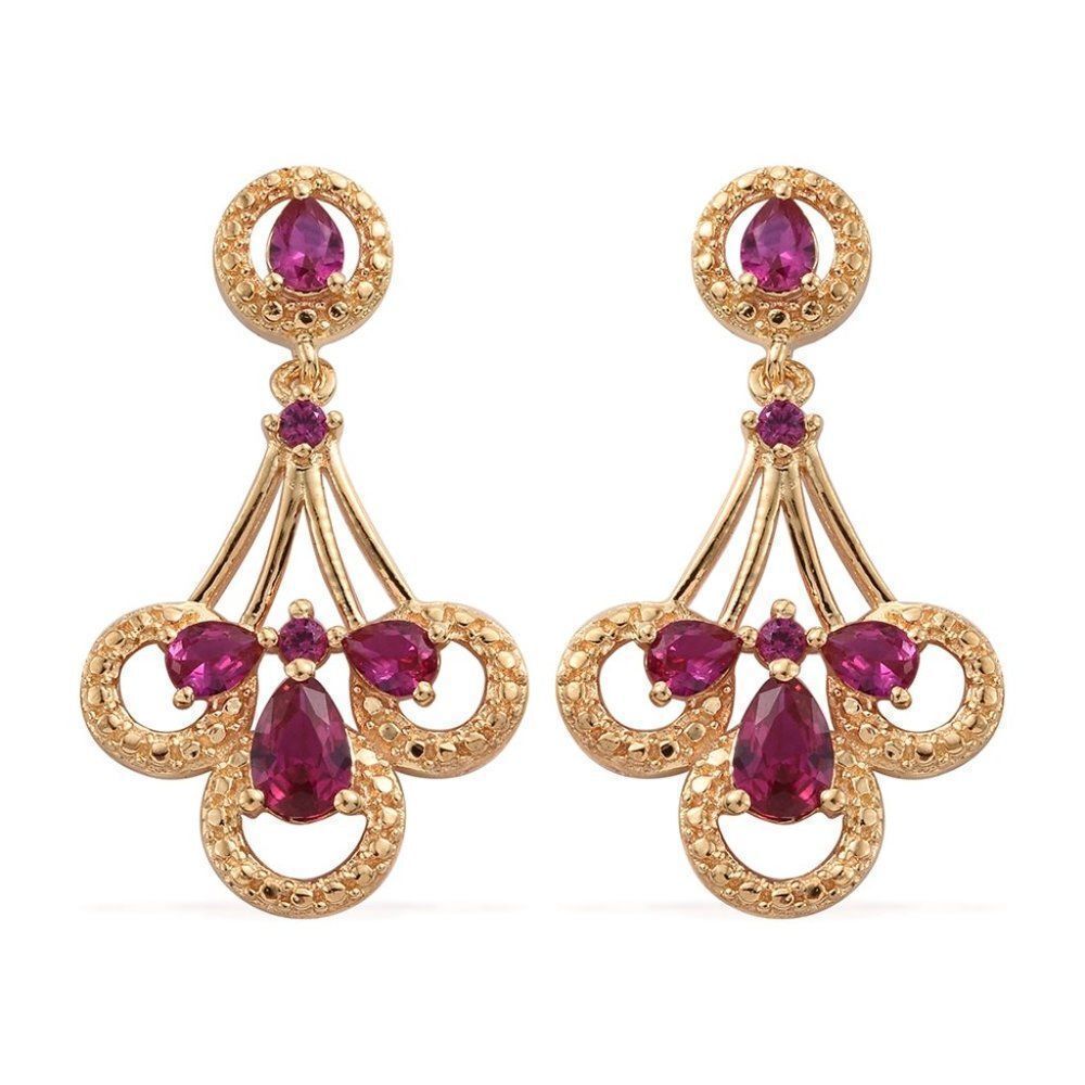 Simulated Ruby ION Plated 18K YG Brass Dangle Earrings TGW 2.02 cts.